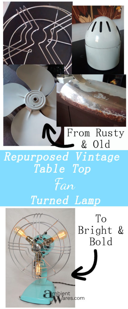 Look at what an old mid-century rusty table top fan can be turned into! For this and more unique ideas, visit AmbientWares.com #fanlamp #uniqueproject #vintagestylelight #rustyfan