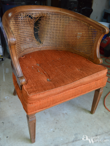 Refurbished Upholstered Cane Back Barrel Chair. For this and more project ideas, visit AmbientWares.com