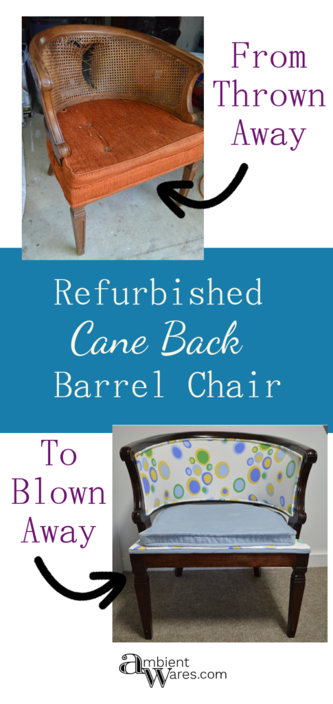 This Cane Back Barrel chair was found in the garbage and was given some DIY love. For this and more ideas, visit AmbientWares.com #chairmakeover #oldcanebackchair #trashtotreasure