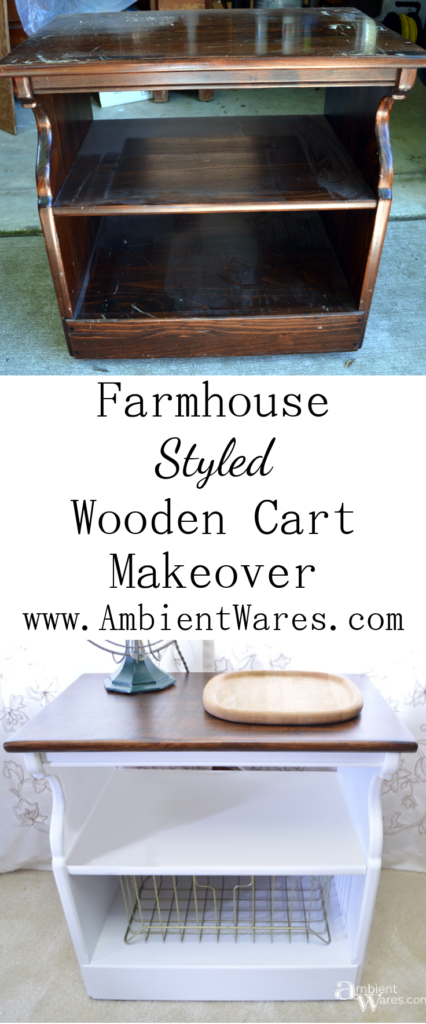 This old beat up microwave cart got a simple farmhouse styled makeover. For this and more fun projects, visit AmbientWares.com #farmhousestyled #oldmicrowavecart #oldtvcart