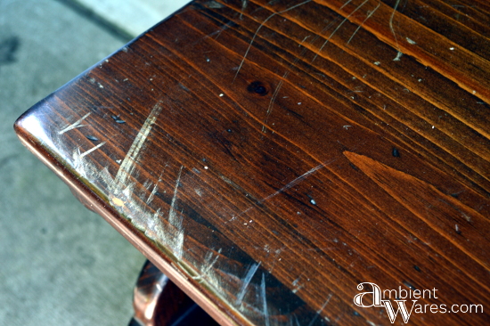 Scratched surface of the TV cart before sanding by AmbientWares.com