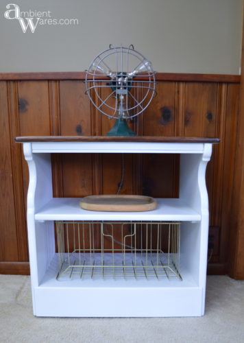 This old beat up microwave cart got a simple farmhouse styled makeover. For this and more fun projects, visit AmbientWares.com #farmhousestyled #oldmicrowavecart #oldtvcart