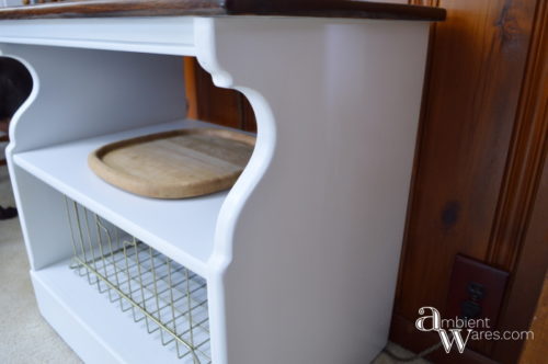 This old beat up microwave cart got a simple farmhouse styled makeover. For this and more fun projects, visit AmbientWares.com #farmhousestyled #oldmicrowavecart #oldtvcart