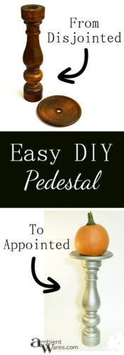 Super easy way to make a pedestal to match your home decor or just for the holidays! Take 2 pieces of wood, glue them together. It's as easy as that!