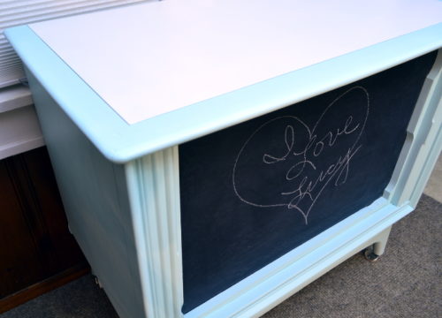 I love upcycled furniture ideas like this one! She transformed an old tube TV shell into the cutest organization station with a chalkboard as well as a shelf for added storage! For this and more unique ideas, visit AmbientWares.com