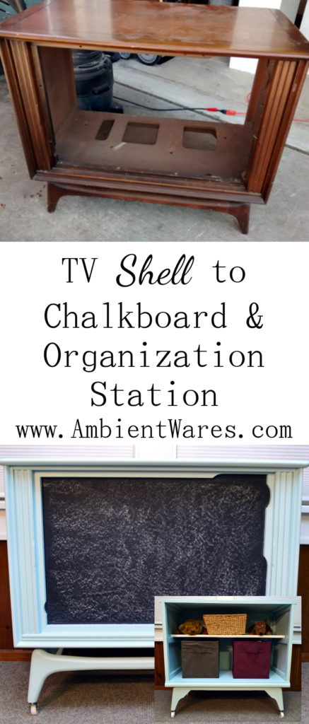 I love upcycled furniture ideas like this one! She transformed an old tube TV shell into the cutest organization station with a chalkboard as well as a shelf for added storage! For this and more unique ideas, visit AmbientWares.com