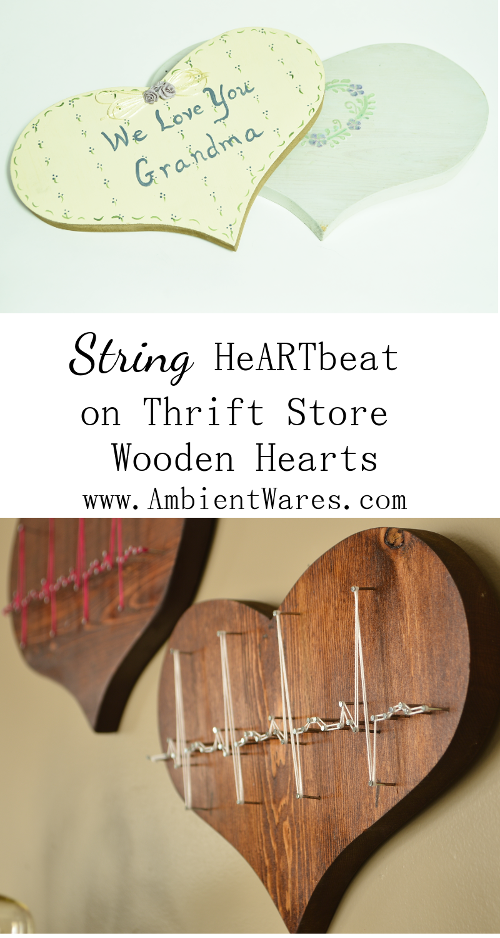 This is such a clever and easy string art project using thrift store wooden hearts! Perfect for Valentine's day or for the doctor or nurse in your life! For this and more unique project ideas, visit AmbientWares.com! #easystringartproject #awesomegiftidea #uniquegiftidea