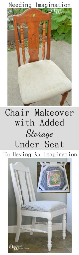 Thrift Store Chair Makeover with Added Storage Under Seat. For this and more unique project ideas, visit AmbientWares.com