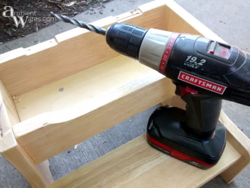 Drilling Holes in the Repurposed Step Stool Makeover ambientwares.com