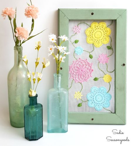 Antique_salvaged_framed_screenpanel_repurposed_upcycled_with_vintage_crochet_doilies_into_DIY_cottage_style_Spring_decor_by_Sadie_Seasongoods