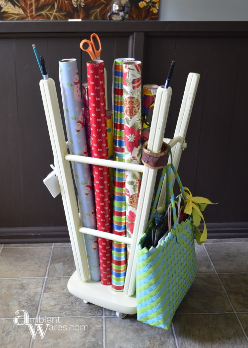 Repurposed_Upside_Down_Stool_Gift_Wrapping_Paper_Ribbon_Station_Finished_Project_1_ambientwares.com