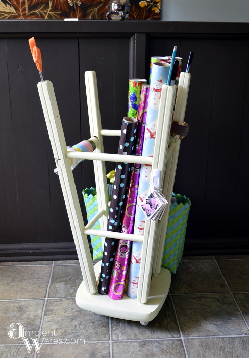 Repurposed_Upside_Down_Stool_Gift_Wrapping_Paper_Ribbon_Station_Finished_Project_2_ambientwares.com