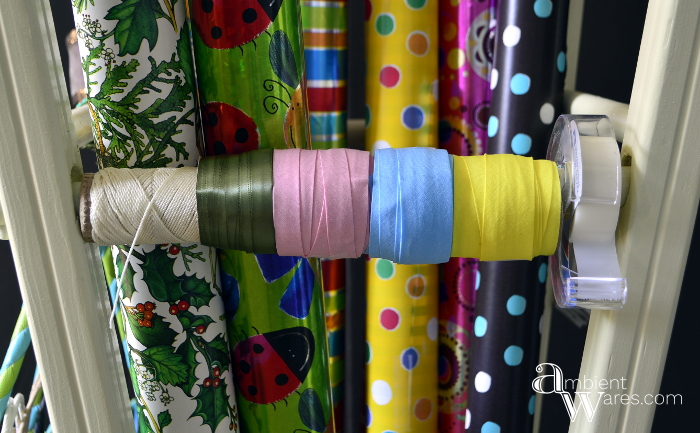 Repurposed_Upside_Down_Stool_Gift_Wrapping_Paper_Ribbon_Station_Finished_Project_6_ambientwares.com