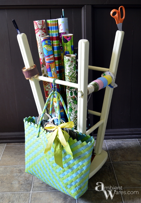 Repurposed_Upside_Down_Stool_Gift_Wrapping_Paper_Ribbon_Station_Finished_Project_ambientwares.com