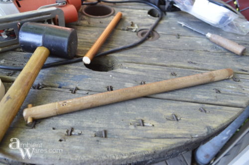 Repurposed_Upside_Down_Stool_Gift_Wrapping_Paper_Ribbon_Station_Wagon_Wheel_Dowel_ambientwares.com