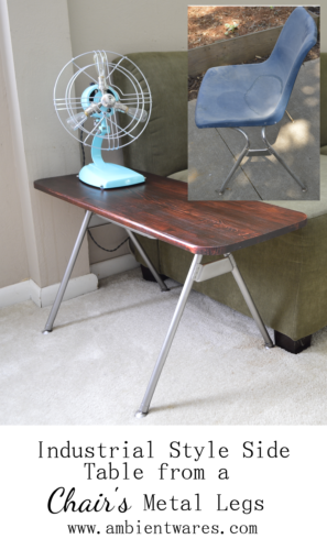 Don't throw away that disgusting plastic chair just yet. Repurpose the metal legs and DIY your own industrial style side table! For this and more unique ideas, visit AmbientWares.com