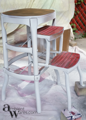 This Vintage Cosco Stool got the most beautiful modern farmhouse styled makeover! The addition of the wooden seat makes it a trendy piece of furniture! https://ambientwares.com/4627/vintage-cosco-step-stool-modern-farmhouse-styled-makeover