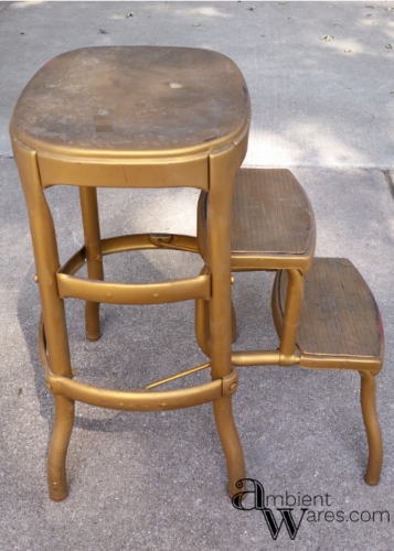 This Vintage Cosco Stool got the most beautiful modern farmhouse styled makeover! The addition of the wooden seat makes it a trendy piece of furniture! https://ambientwares.com/4627/vintage-cosco-step-stool-modern-farmhouse-styled-makeover