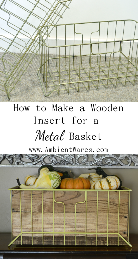 A metal basket gets a DIY pallet wood insert. Two baskets in one! For this and more unique project ideas, visit AmbientWares.com