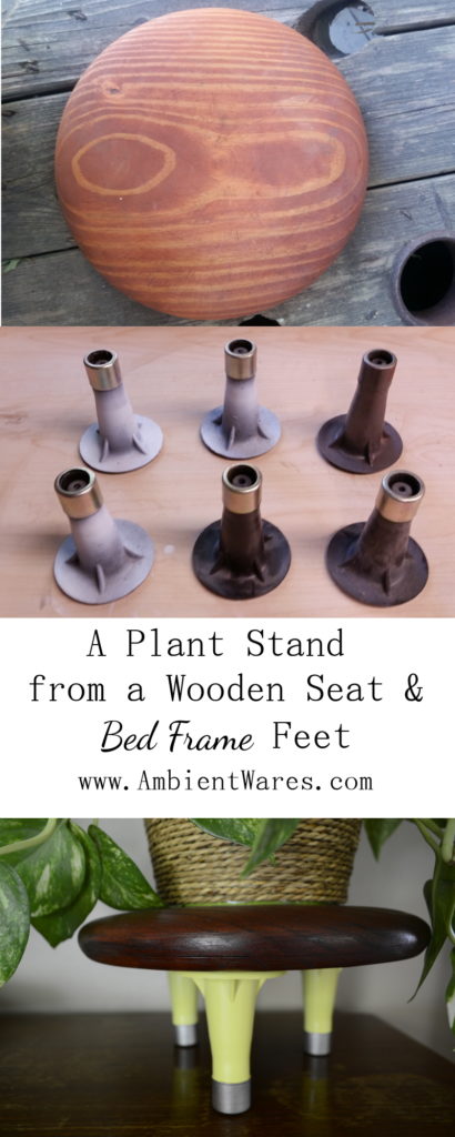 Old bed frame feet have a little bit of a mid-century vibe goin' on, don't they? These were added to a wooden seat to make a plant stand! For this and more unique project ideas, visit AmbientWares.com #diyplantstand #midcenturyplantstant