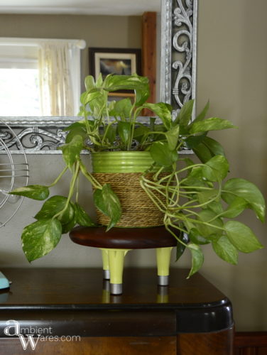 Come see how a wooden seat and old bed frame feet were combined to make a cute mid-century vibed plant stand! For this and more unique project ideas, visit AmbientWares.com!